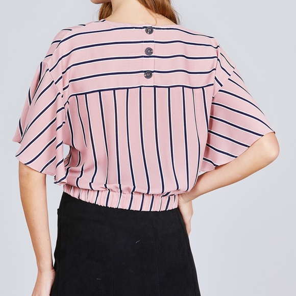 SHORT BELL SLEEVE ROUND NECK KNOT BACK BUTTON TOP - Picture 4 of 5